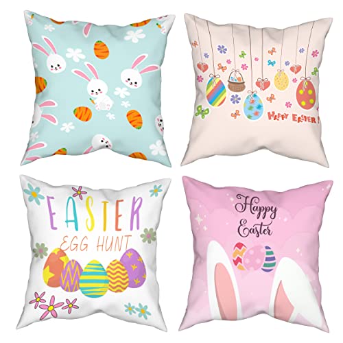 Jbralid Easter Throw Pillow Covers Cartoon Easter Bunny Eggs Decorative Pillowcase Cotton Pillow Cushion Case For Living Room Sofa Couch 18X18 Inch Set Of 4, White Blue Pink #TOP3