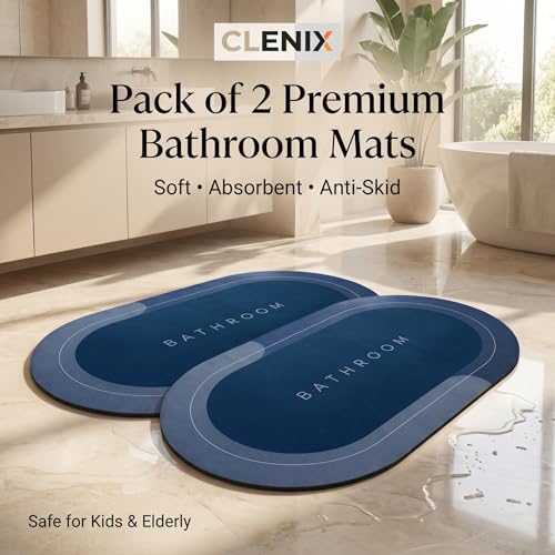 Image of Anti-Slip Bathroom Mat, Super Absorbent Non-Skid Doormat, Quick Dry, Soft Floor Rugs with Rubber Backing, Durable Easy Clean Doormat s for Home, Kitchen, Office, Washroom (Blue, Pack of 2)