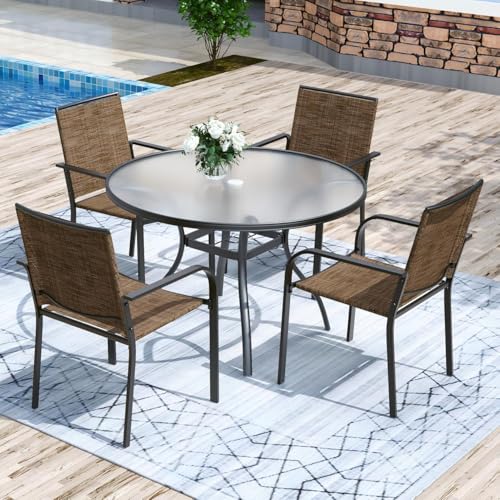 Image of Anmutig 5-Piece Outdoor Dining Set, 40-Inch Round Glass Table with 4 Stackable Chairs, Brown