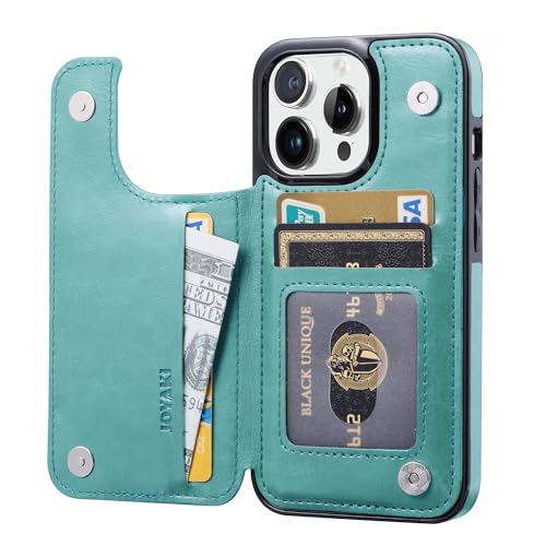 JOYAKI Wallet Case for iPhone 13 pro 6.1",Slim Protective case with Card Holder, PU Leather Kickstand Card Slots with a Screen Protective Glass for iPhone13pro(6.1")-Turquoise Green by JOYAKI - Used condition - Image 3