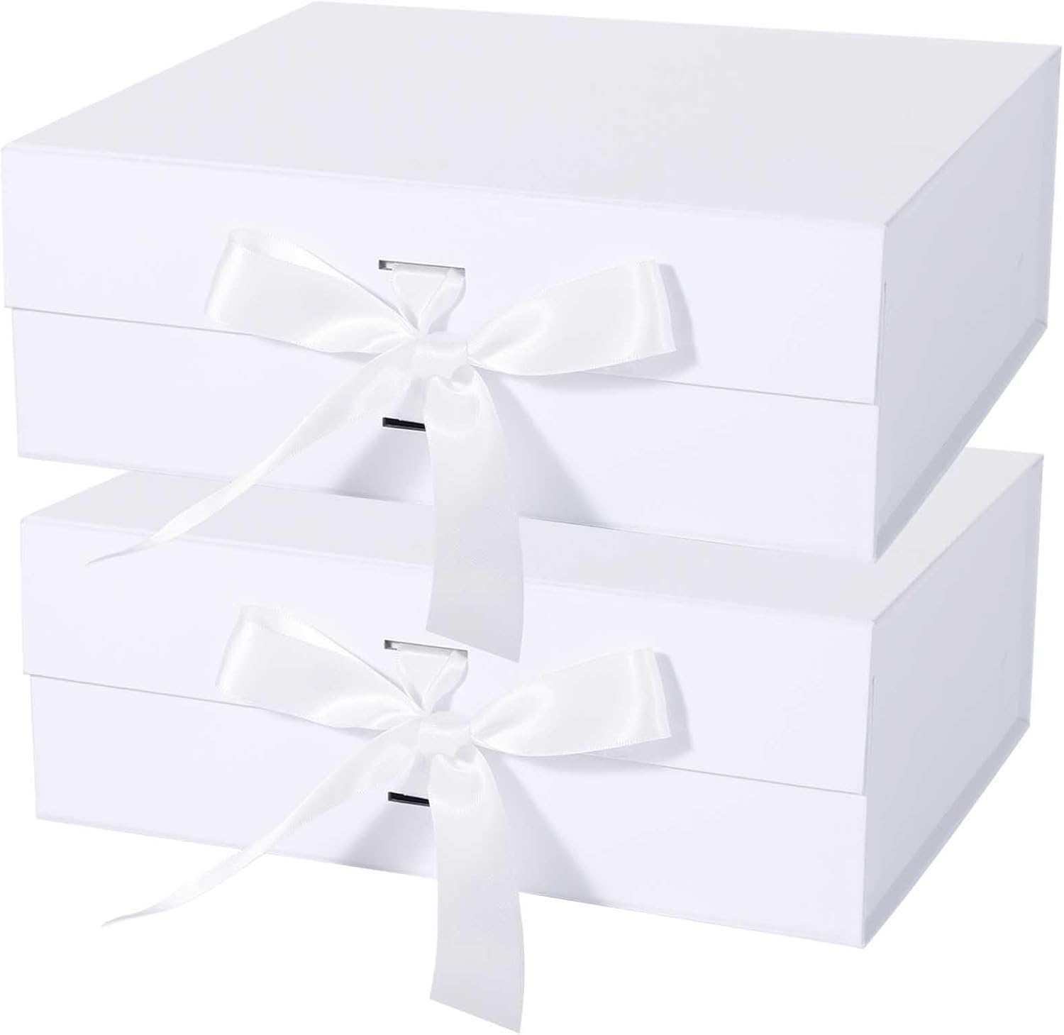 LFBOX White Gift Box with Ribbon Magnetic Lids 10.2x9x3.74 in, Bridesmaid Groomsman Proposal Boxes, Wedding Graduation Storage Box 2 Pack