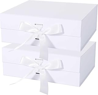 White Gift Box with Ribbon Magnetic Lids 10.2x9x3.74 in, Bridesmaid Groomsman Proposal Boxes, Wedding Graduation Storage Box 2 Pack