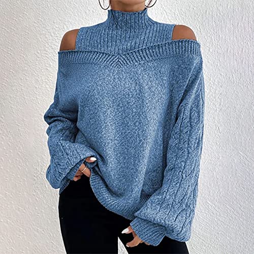 Winter Sweaters, Women's Sweaters Cardigans For Women Ladies Autumn And Fashion Off Shoulder Turtleneck Warm Solid Color Long Sleeve Sweater Black Tunic Cardigan Small Clothes 1 (Xxl, Blue) #TOP2