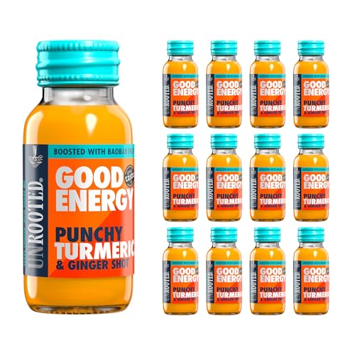 UNROOTED GOOD ENERGY Punchy Turmeric Ginger & Baobab Health Shots - For Immunity Anti Inflammation and Natural Energy High in vitamin C Caffeine free Daily Shot Multipack 12 x 60ml Bottles