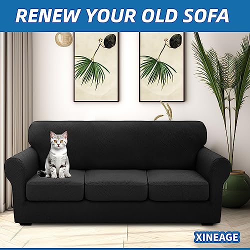 XINEAGE 2025 New 4 Pieces Extra Large Couch Covers for 3 Cushion Sofa Super Stretch Sofa Cover for 3 Large Seat Cushion Universal Fitted Slip Cover for Living Room (Black), 91"-110"(3 Cushions)