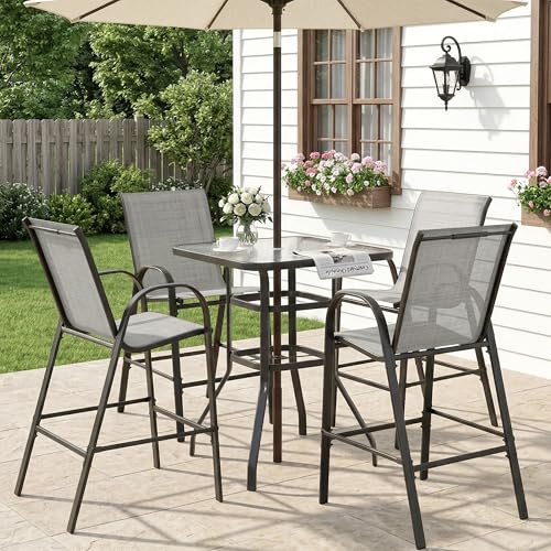 Image of HOMREST Outdoor Bar Height Stools Set of 5,4 High Back Patio Bar Chairs with Outdoor High Top Table,All Weather Outdoor High Top Bistro Set Furniture for Patio,Balcony,Light Grey