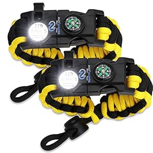 Survival Paracord Bracelet – Tactical Emergency Gear Kit with SOS LED Light, 550 Grade, Adjustable, Multitools, Fire Starter, Compass, and Whistle – Set of 2