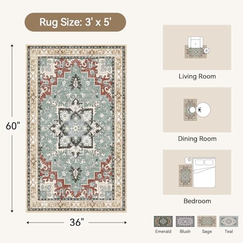 Lofus 3x5 Area Rugs for Living Room, Machine Washable Area Rug, Soft Small Rugs for Bedroom, Kitchen, Office and Indoor, Vintage Boho Carpet, Non-Slip Low Pile Carpets, Beige Orange