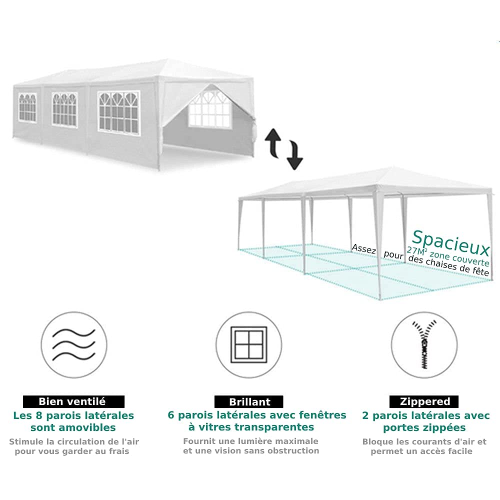 Alightup Tonnelle de Jardin Tonnelle Pliante Imperméable Tente de Reception 3X9m avec 8 Parois aux UV Pavillon Blanc Bâche PE Epaisse de env pour Fête Marriage Les Activités Commerciales