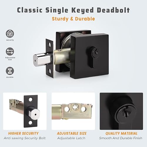 Knobwell 1 Pack Square Contemporary Single Cylinder Deadbolt Lock For Front Door Entrance Door, Keyed Entry Front Door Lock With Different Keys, Heavy Duty, Matte Black Finish #TOP3