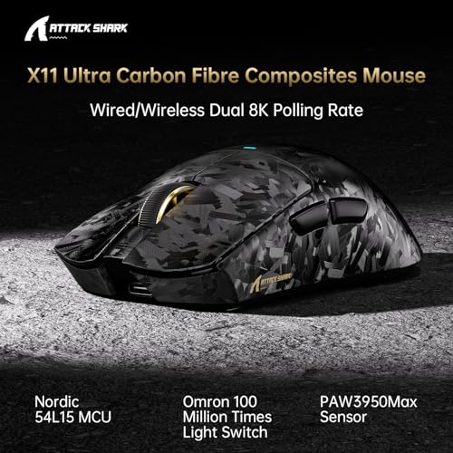 Image of ATTACK SHARK X11 Ultra 8K Carbon Fiber Tri Mode Wireless Gaming Mouse-Black | 42000 DPI-PAW3950 MAX Sensor-63g Lightweight,Nordic 54L15 MCU Chip,Wired /BT /2.4Ghz,100 Million Clicks,Programmable for PC Mac