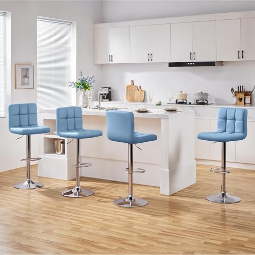 Image of Yaheetech Bar Stools Set of 4, Adjustable PU Leather Swivel Barstools, Modern Counter Stools with Back and Footrest, Counter Height Barstools for Bar, Kitchen, Dining Room, Blue