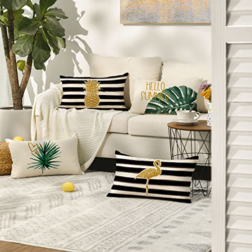 Avoin Colorlife Watercolor Stripes Tropical Plants Throw Pillow Cover, 12 X 20 Inch Pineapple Flamingo Monstera Linen Cushion Case For Sofa Couch Set Of 4 #TOP1