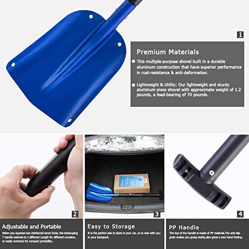 SHANTRA Aluminum Snow Shovel, Collapsible Utility Shovel 3 Piece Design, Lightweight Portable Car Emergency Shovel Aluminum Alloy Snow Mud Removal Tool