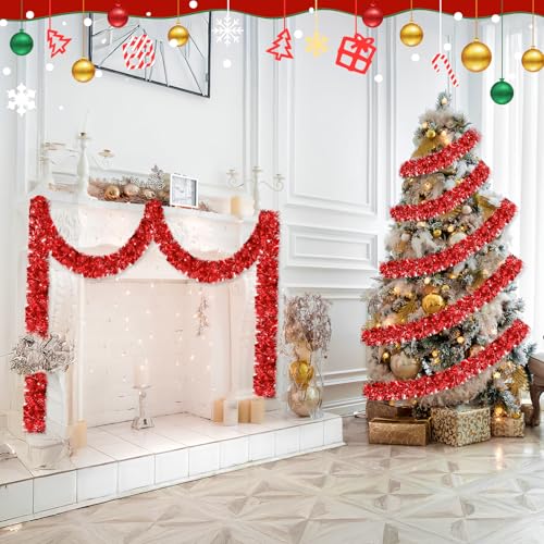 Image of 50FT Red Christmas Tinsel Garland, Metallic Twist Shiny Hanging Garland Ornaments for Xmas Tree Party Supplies Thick Thin Metallic Streamers for Indoor Outdoor Decor