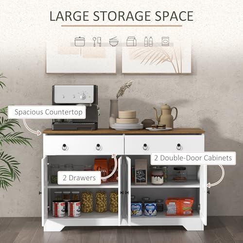 HOMCOM-Sideboard-Buffet-Cabinet-with-Storage-48-Kitchen-Storage-Cabinet-with-2-Drawers-and-4-Barn-Doors-Farmhouse-Coffee-Bar-Cabinet-Buffet-Table-with-Wood-Grain-Top-White HOMCOM Sideboard Buffet Cabinet with Storage 48 Kitchen Storage Cabinet with 2 Drawers and 4 Barn Doors Farmhouse Coffee Bar Cabinet Buffet Table with Wood Grain Top White
