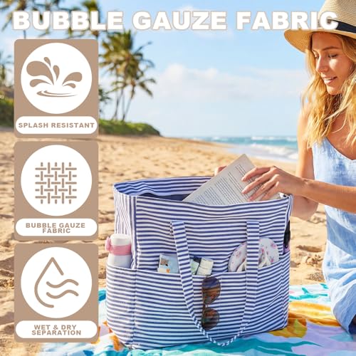 Image of LEDAOU Large Beach Bag Women Waterproof Sandproof Zipper Beach Tote Pool Bag for Swim Gym Grocery Travel with Wet Pocket