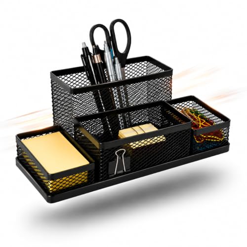Organizador de Mesa 4 Compartimentos Metal Porta Canetas e Acessórios Preto