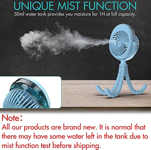 2022 Updated Misting Baby Stroller Fan, 270° & 360° Pivoting Portable Fan, Battery Operated Usb Fan, Handheld Misting Fan, With Flexible Tripod Clip On Car Seat Crib Bike Treadmill Bunk Bed, Blue #TOP2