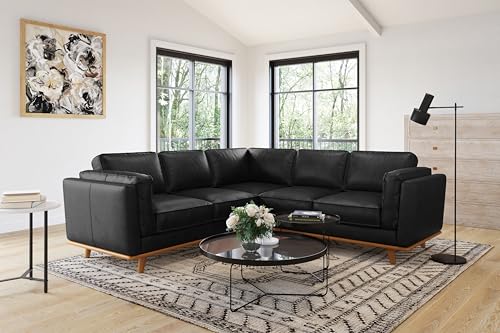 Image of Valencia Artisan Full Leather Sofa - Pure Full Italian Nappa Leather Couch, Solid Wood Accent, Ultimate Comfort (Black, L-Shape Sectional)