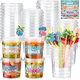 Widecook 34 Pack Drink Buckets Plastic Rum Cocktail Buckets with Lids and Straws Round Reusable Cups Decor Clear Food Ice Cream Container for Pool Birthday Hawaiian Party Supplies