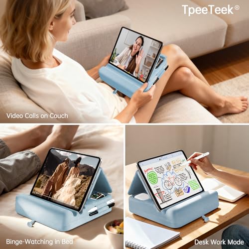 Image of Tablet Pillow Stand with Storage, Foldable iPad Holder for Lep, Bed, Sofa, and Desk - Soft Pad Dock with Pocket and Stylus Mount Compatible with 4-13 inch iPad Pro /Air /Mini, Galaxy Tab, Kindle