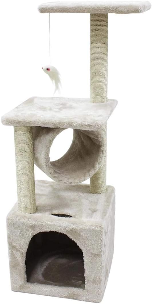 CUPETS Cat Tree Beige Flannelette Cat Climber Play House Condo Furniture with Scratching Post, Activity Tree Pet Products for Cats 36 Inches High