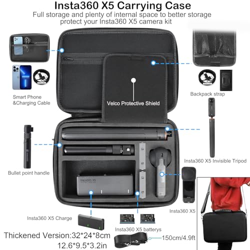 Image of PellKing Accessories Kit for Insta360 X5,Included Carrying Case with Belt,135cm Selfie Stick Tripod,Aluminium Handlebar Clamp.2 Pcs Metal 1 /4 inch Adapter,Magnetic Mount,4 Pcs Body Strap Mount,and Other