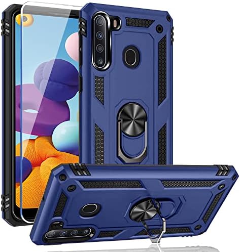 SunRemex Galaxy A21 Case with Tempered Glass Screen Protector. A21 Case Kickstand [ Military Grade ] 15ft. Drop Tested Protective Cover for Samsung Galaxy A21 Phone (Blue)
