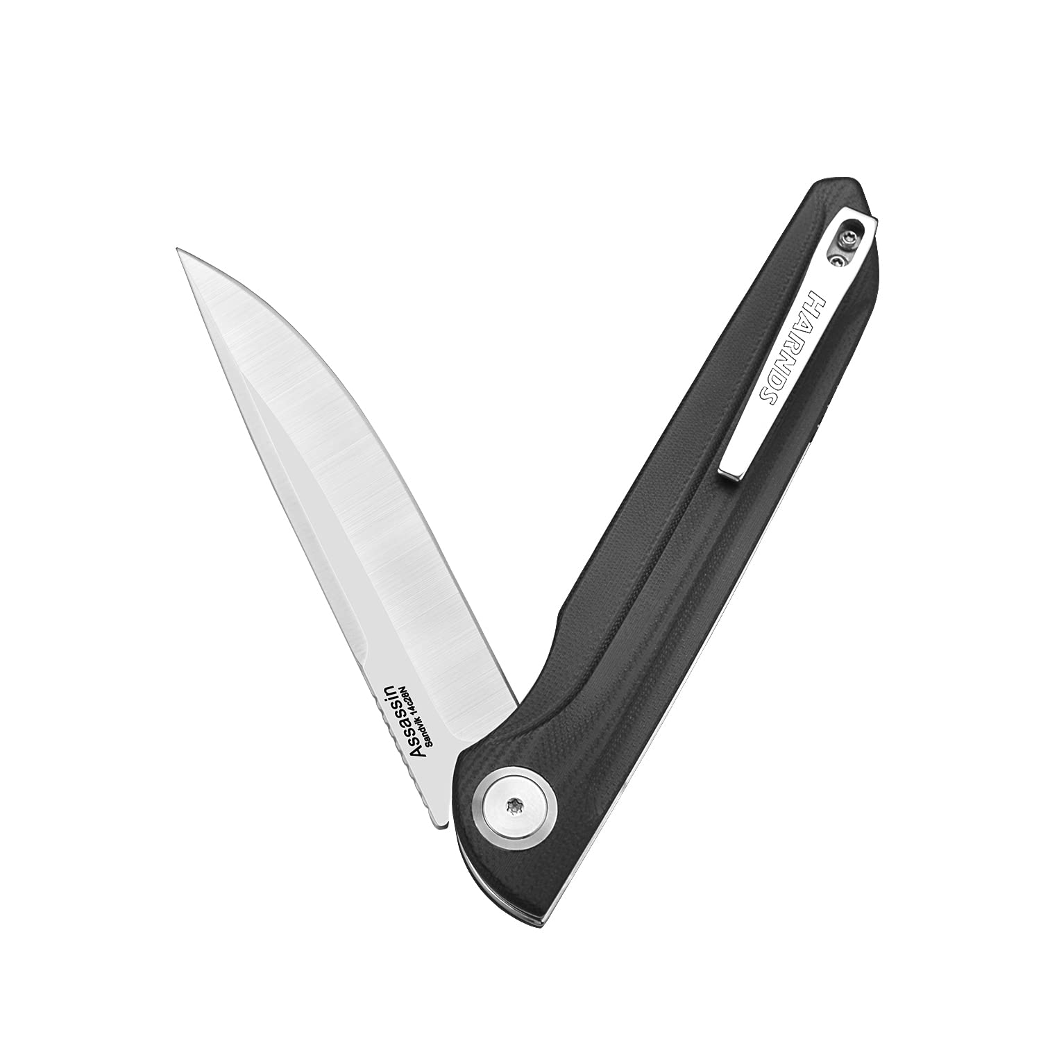 Harnds Cuchillo plegable para exteriores Assassin Sandvik 14C28N Cuchillo de caza para camping con mango G10 Acabado de la hoja satinado Cuchillo plegable (Negro y satinado/Schwarz+Satin)