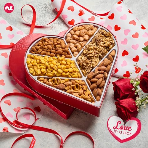 NUT CRAVINGS - Valentines Day Mixed Nuts Heart Shaped Gift Basket, Love in A Box (6 Assortments, 2 LB) Romantic Food Arrangement, Healthy Snack Care Package, Food Assortments