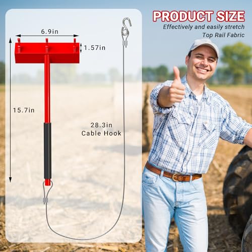 Magoleo Chain Link Fence Top Rail Stretcher Tool, Heavy Duty Fence Fabric Support Tool with 3 Metal Hooks & 28”Cable Hook for Easy One-Person Installation, Red, 1PC by Magoleo - Used condition - Image 2