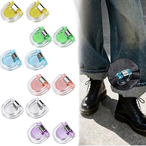 12 Pcs Adjustable Pant Clips, Colorful Pants Tightener No Sew Hemming Tool, Reusable Hem Clips for Jeans, Cuff Sleeves, Shirt Shortener Organizer, No-Slip Tightener for Clothing Temporary Fix