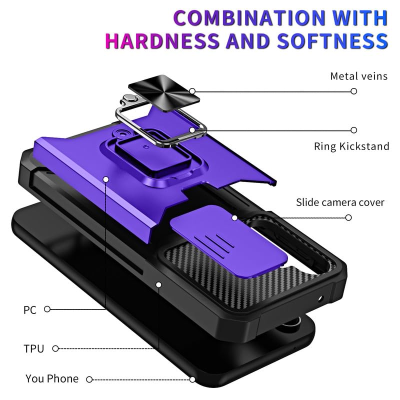 Image of LuxuryKase Shockproof Armor Case for Samsung Galaxy S25 | Slide Camera Cover | Hidden Card Slot | Rotating Ring Kickstand | Magnetic Car Mount Support | Military Grade Protection - Purple