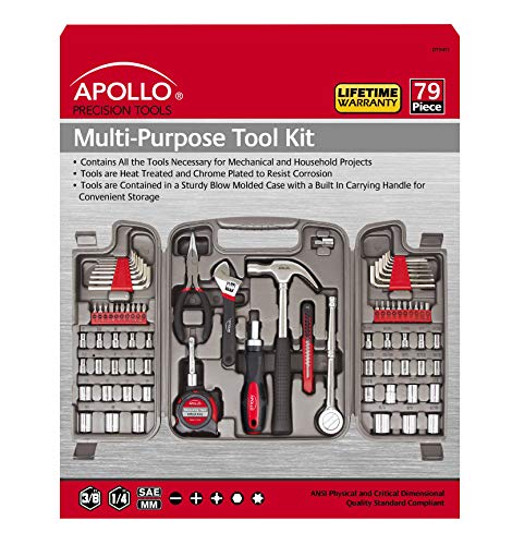 Apollo Tools 79 Piece Multi-Purpose Tool Set with Sockets, Basic Tool Kit for the Garage, Home or on the Road. Includes Essential Tools for Vehicle Maintenance and Repairs - DT9411, Gray