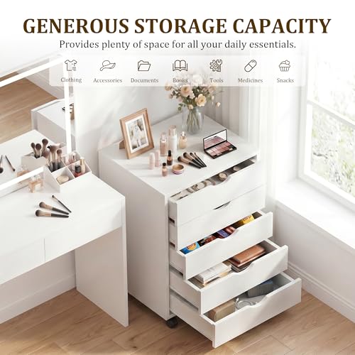 Image of 5 Drawer Mobile File Cabinet Under Desk Storage Organization with Wheels Vertical Filing Chest Rolling Wood Small Desk Printer Stand for Home Office, White