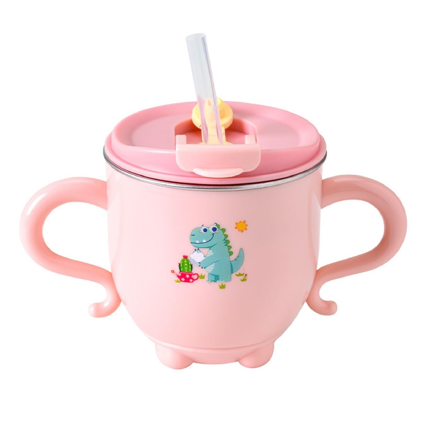 FunBlast Milk Mug for Kids - Dinosaur Print S316 Stainless Steel Mug for Kids, Insulated Milk Cup with Lid & Straw, Water, Juice Drinking Mug, Glass, Cup for Kids - 200 ML (Pink)