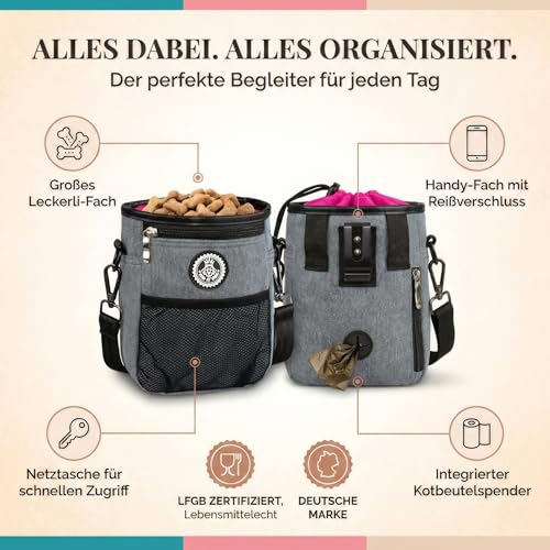 HUND IST KÖNIG Premium Leckerlibeutel für Hunde - der Alleskönner - Robuster Futterbeutel Hunde mit viel Stauraum für das Gassigehen & Hundetraining - mit Kotbeutelspender & Trainings-Ebook