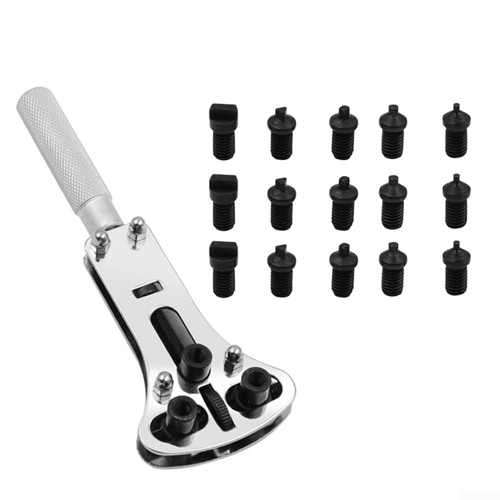Adjustable Wristwatch Case Opener with 15-Piece Claw Set for Watch Back Remover Tool, Silver Metal Three-Claw Screw Back Wrench for Repairing Watches up to