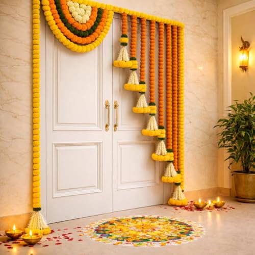 Image of Rajasthan Kraft Marigold Door Toran 65x40 Inch, Artificial Flower Bandanwar for Main Door Entrance| Festive Wall Hanging Decor for Diwali| Wedding, Pooja|(Yellow,Orange Flower and Tuberose Tassels)