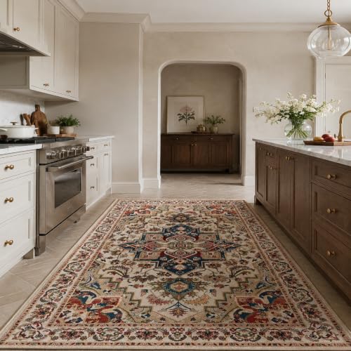 Tapis vintage oriental 150x150 carré lavable antidérapant beige bleu - 2