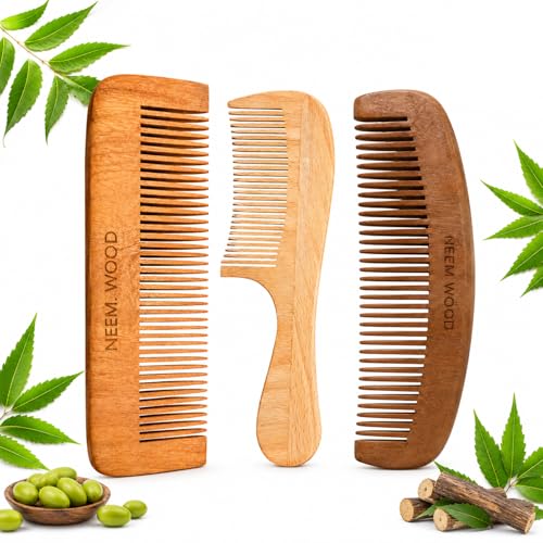 Image of GITGRNTH Neem Wood Hair Comb Combo Pack of 3 for Women & Men, Premium Handcrafted Wooden Comb with Fine Teeth, Anti Static Detangling Comb for Smooth Hair, Scalp Care & Frizz Control & Hair Breakage