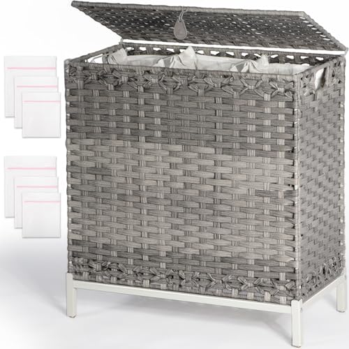 Laundry-Hamper-with-3-Removable-Liner-Bags-132L-Handwoven-Rattan-Laundry-Basket-with-Metal-Heightened-Feet-Clothes-Hamper-with-6-Mesh-Bags-Laundry-sortor-with-3-SectionsGray Laundry Hamper with 3 Removable Liner Bags 132L Handwoven Rattan Laundry Basket with Metal Heightened Feet Clothes Hamper with 6 Mesh Bags Laundry sortor with 3 SectionsGray