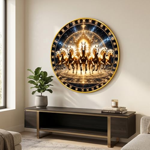 Image of SAF Om Golden Horse Vastu Round Wall Painting with Premium PVC Golden Frame, Zodiac Chakra Spiritual Art for Living Room Office Home Decor Gift (23 x 23 Inch) GR-444
