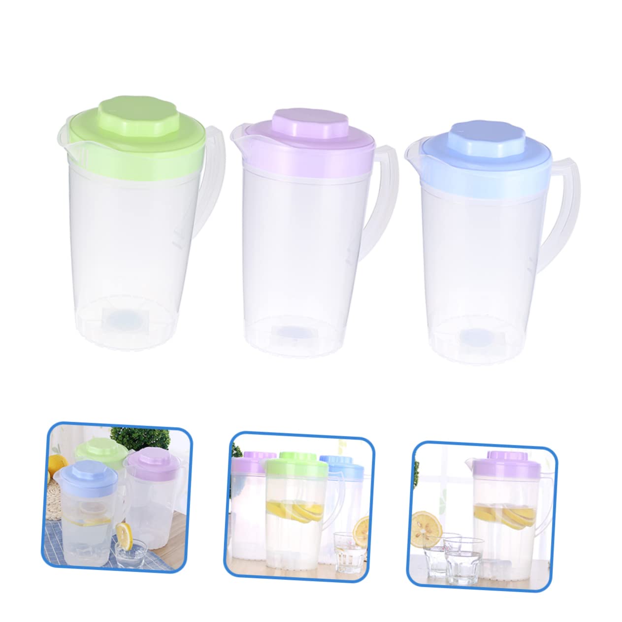 ULTECHNOVO Paquete de 3 Jarras de Plástico de 2l Tapa, Diseño Práctico y Mango Cómodo para Agua, Zumo y Bebidas en Restaurante o Hogar