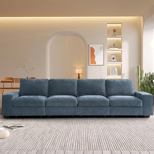 Image of TEKAMON 128 inch Modular Sofa Couch with Seat Storage, Modern Comfy 4-Seater Long Couch for Living Room, Office, Apart, Chenille Sofa, Wide Armrest, USB Charging, Pockets, Washable Covers (Blue)