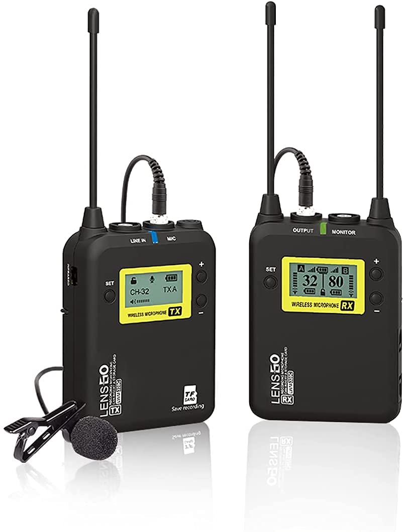 LENSGOLWM-328C Wireless Microphone System, 99-Channel UHF Professional Omnidirectional Wireless Lavalier Lapel Mic with Tx & Rx for All Smartphone Camcorder Canon Nikon DSLR Camera (1 TX & 1 RX)