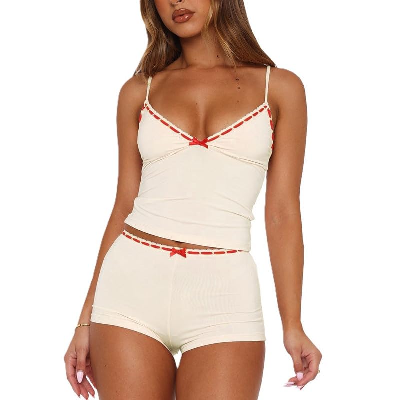 Image of Womens Y2K Cute Print Cami Pajama Sets Lace Trim V Neck Tank Top Shorts Set Bow Heart Print 2 Piece Sleepwear
