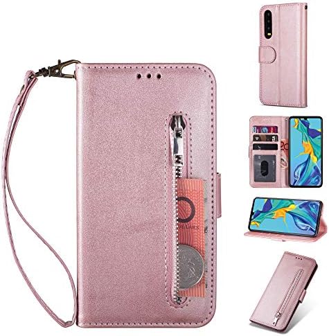 ZTOFERA HUAWEI P30 Flip Wallet Case, Magnetic Closure Stand Function Zipper Handbag Pocket Case,Premium PU Leather Protective Case Cover For HUAWEI P30 Rose Gold