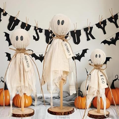 Anlass Halloween Decorations Indoor, 3Pcs Halloween Ghosts on Wooden Stand for Table Centerpieces Shelves and Mantels- Spooky Ghost Decor Cover